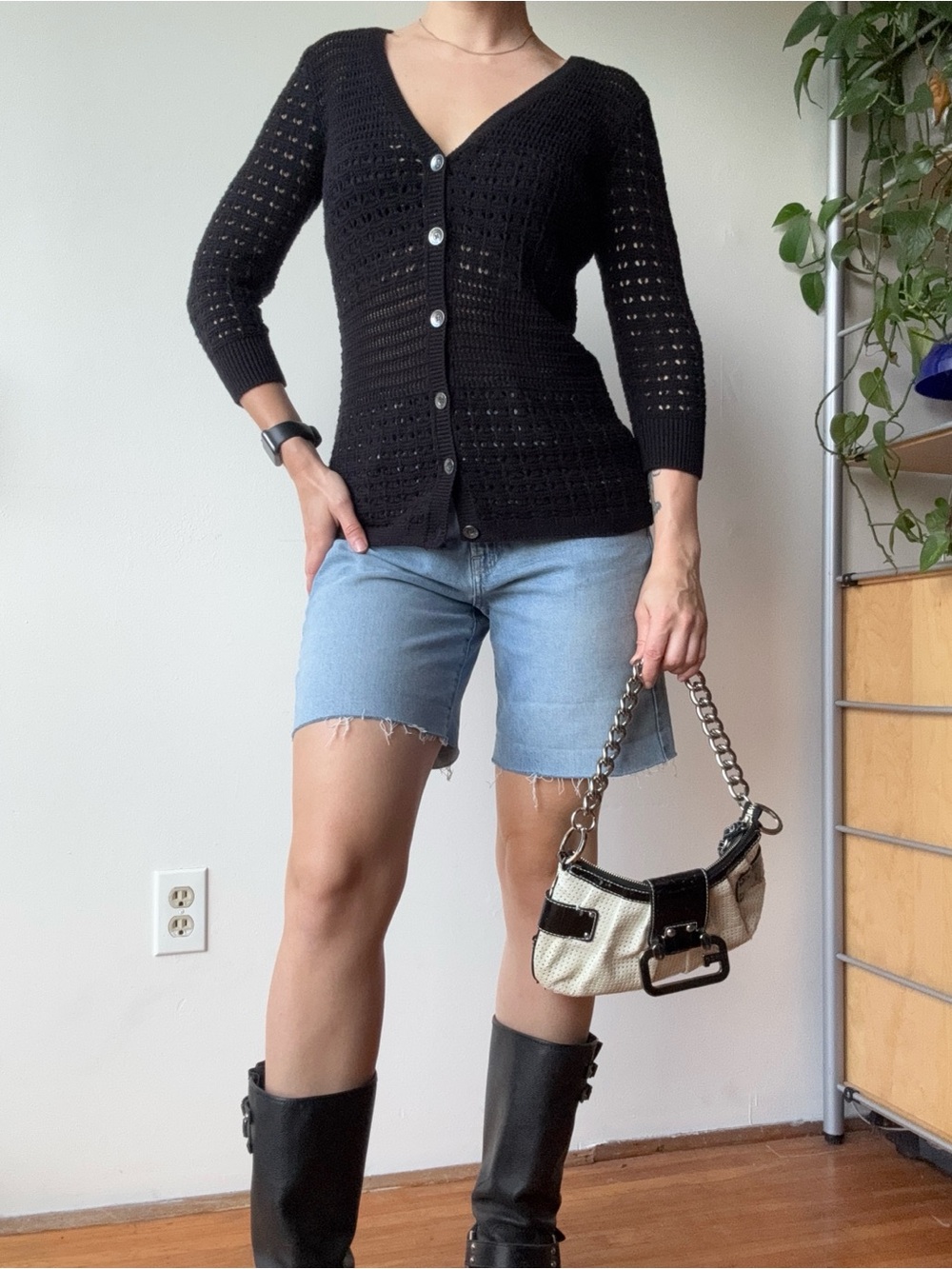 DKNY Black Knit Button Up Cardigan